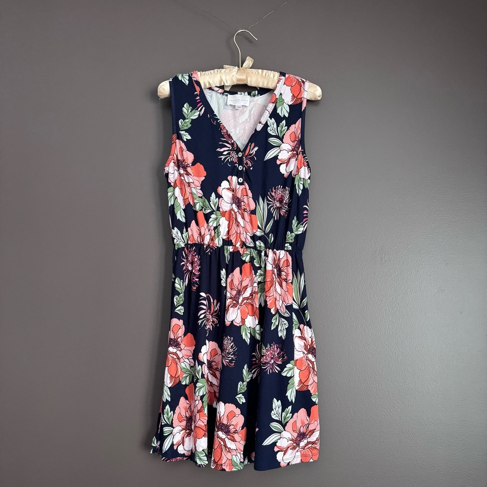 French Grey Floral Mini Dress - Navy and Coral